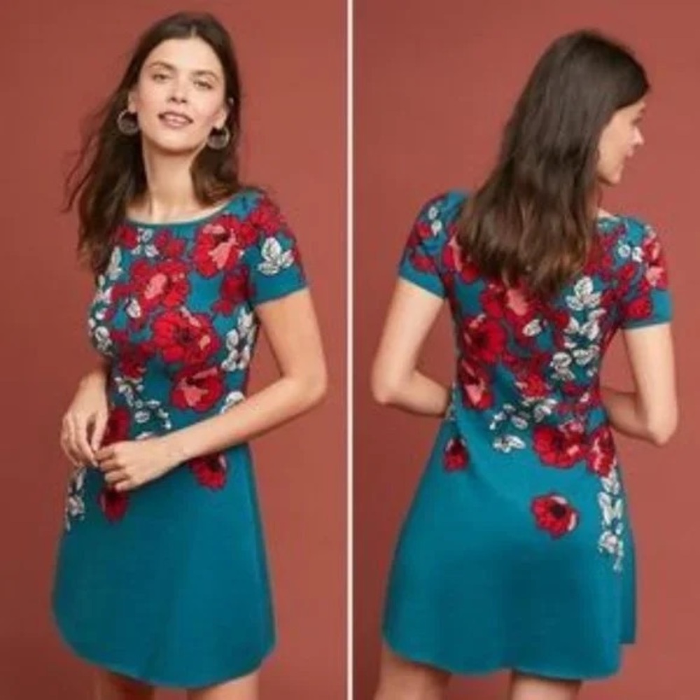 Anthropologie Maeve Allison Floral Sweater Dress Teal Red Flowers  XS